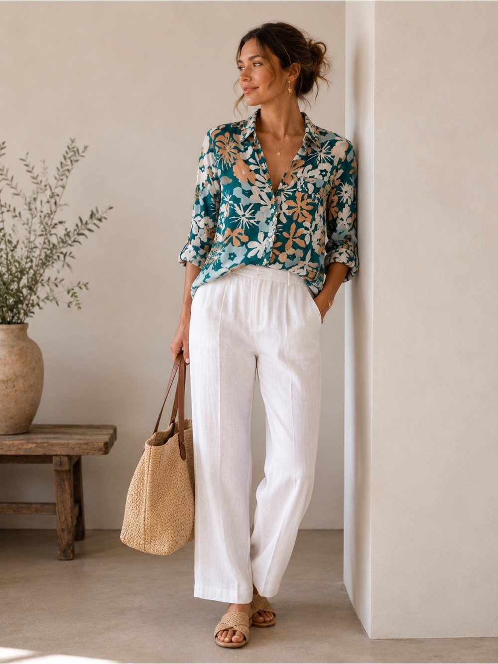 Anthropologie Teal Floral Button Down Tropical Preppy Polished Office Vibrant